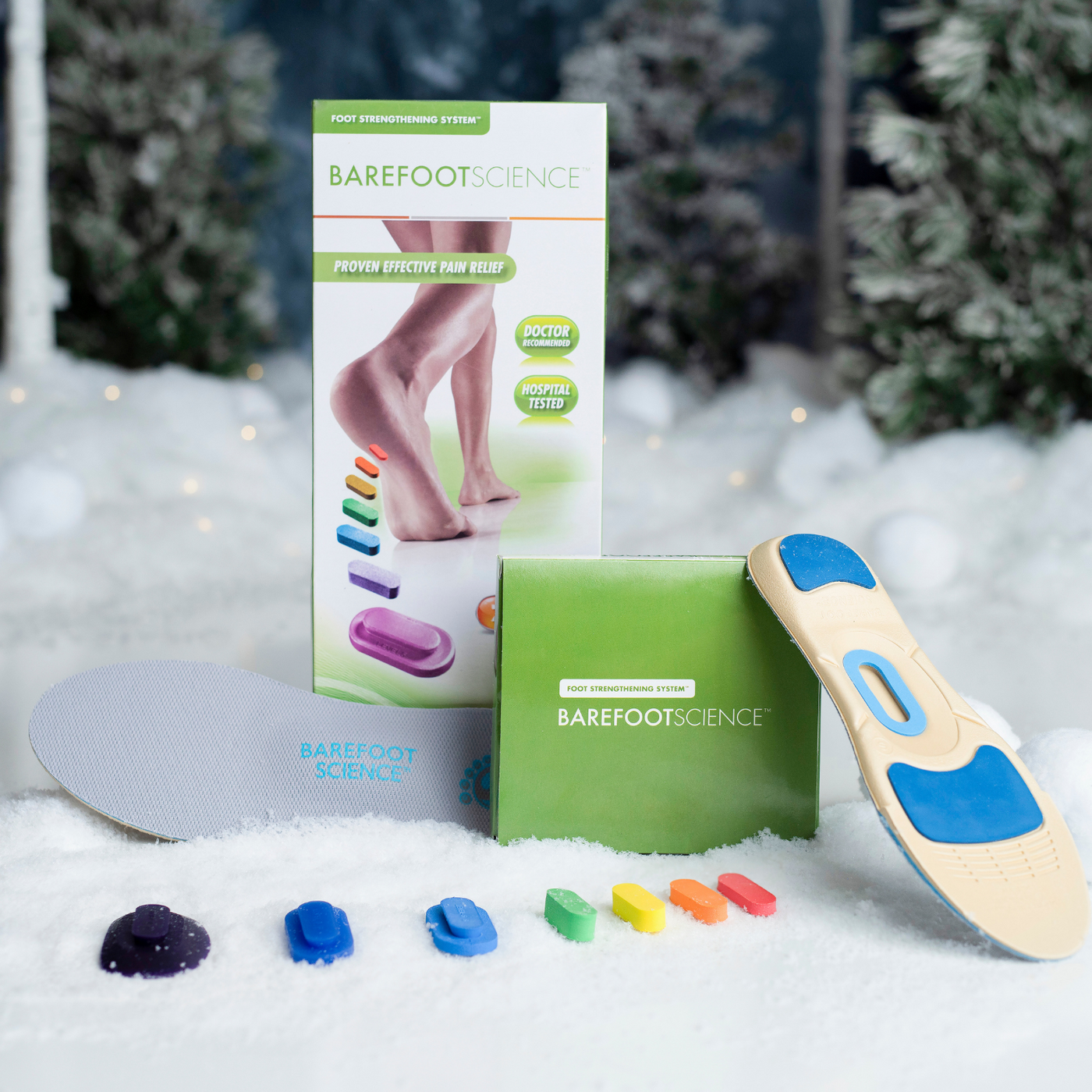 Barefoot Science Therapeutic PLUS Full Length top and bottom of insole with inserts and product packaging